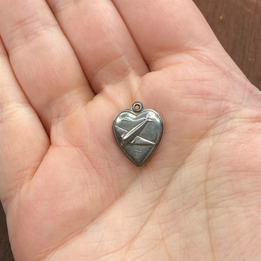 Vintage 925 Sterling Silver "Claire" Airplane Puffy Heart Pendant Bracelet Charm
